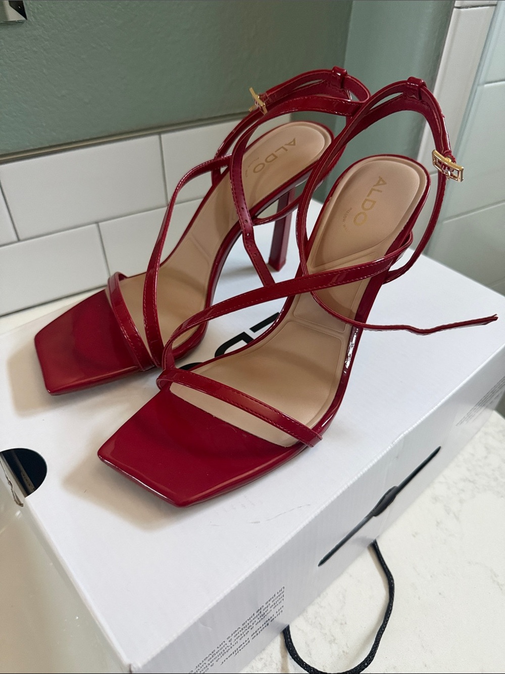 ALDO Red Patent Strappy Square-Toe High Heels